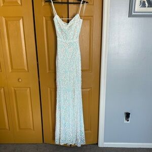 Elegant White/Blue Long Sequin Gown (Windsor)
